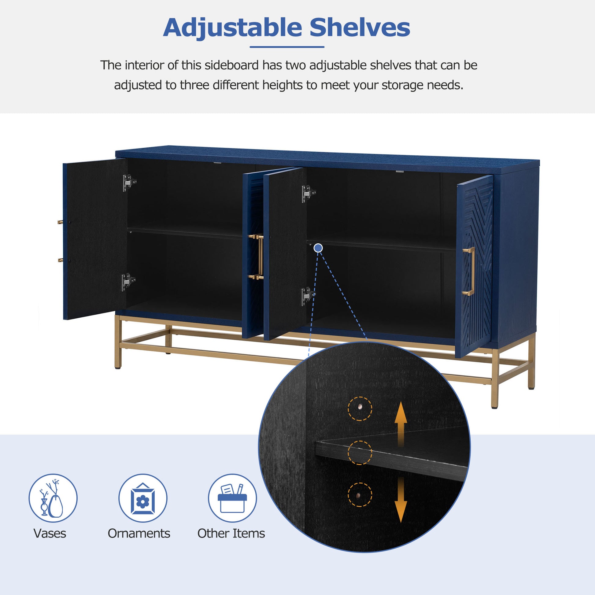 Retro Style Sideboard With Adjustable Shelves, Rectangular Metal Handles And Legs For Kitchen, Living Room, And Dining Room Navy Navy Mdf