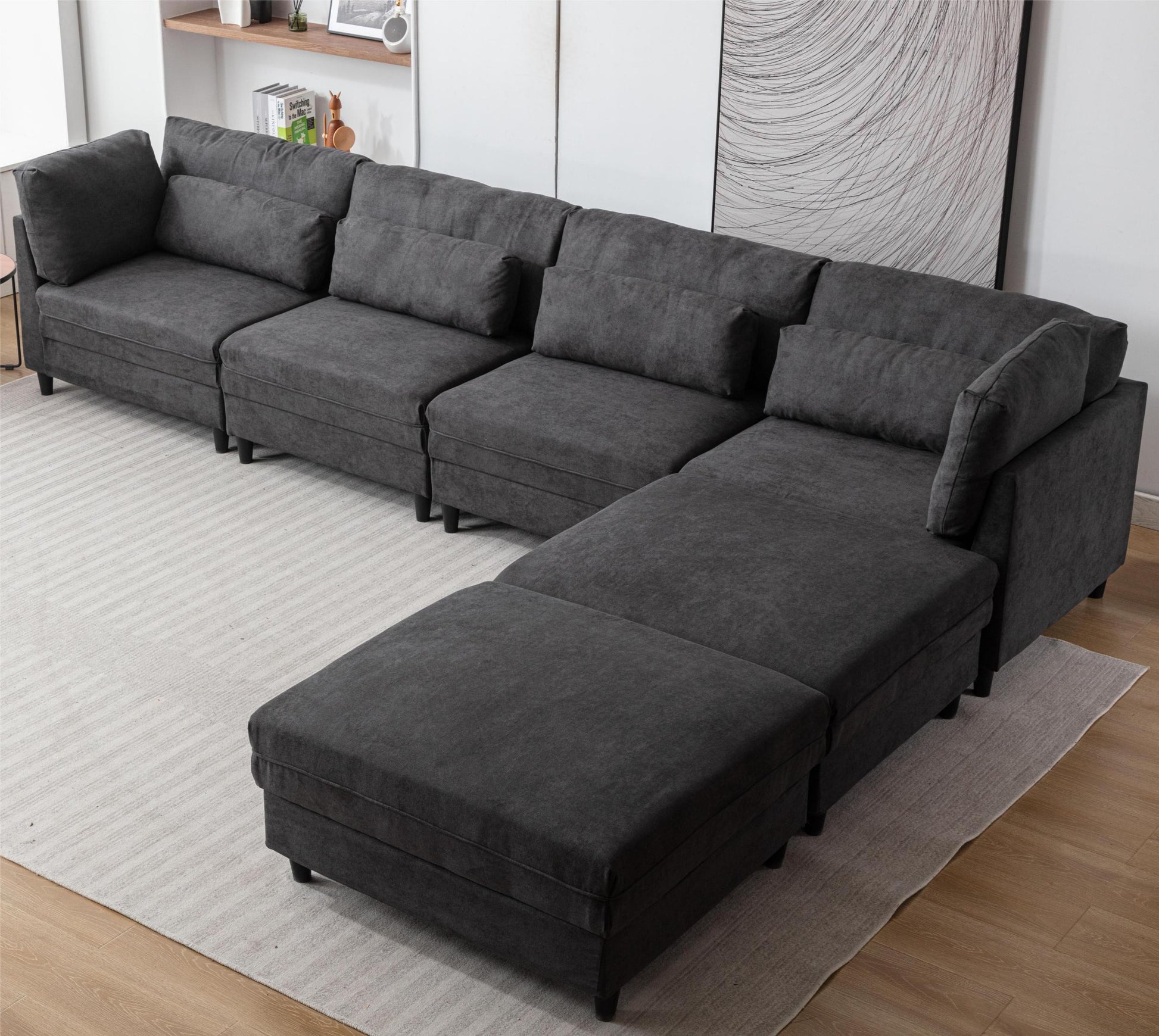 Oversized Modular Sectional Fabric Sofa Set With 6Pcs Pillows, Extra Large U Shaped Couch With Reversible Chaise, 145 Inch Long, 6 Seat Modular Sofa With Ottamans Dark Gray Light Brown Polyester Wood Primary Living Space Medium Soft Cushion Back Modern