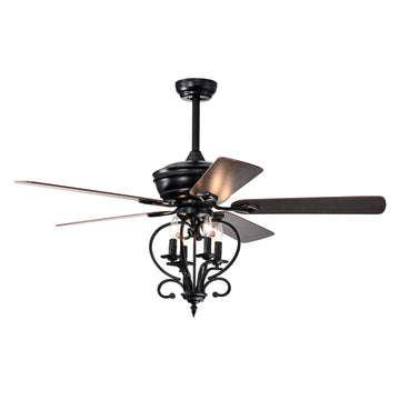 52 Inch 4 Lights Ceiling Fan With 5 Wood Blades, Two Color Fan Blade, Ac Motor, Remote Control, Reversible Airflow, 3 Speed, Adjustable Height, Traditional Ceiling Fan For Home Decorate Matte Black