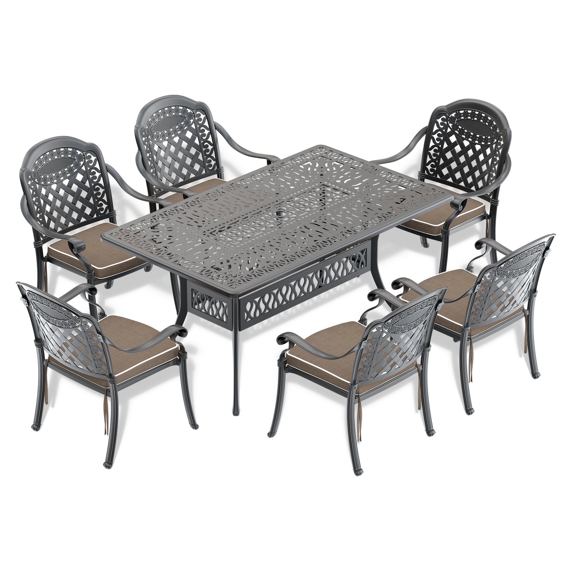 Cushions In Random Colors 7 Piece Set Of Cast Aluminum Patio Furniture With Cushions Yes Dining Set Black Seats 6 Rust Resistant Frame Water Resistant Cushion Garden & Outdoor Complete Patio Sets Aluminium