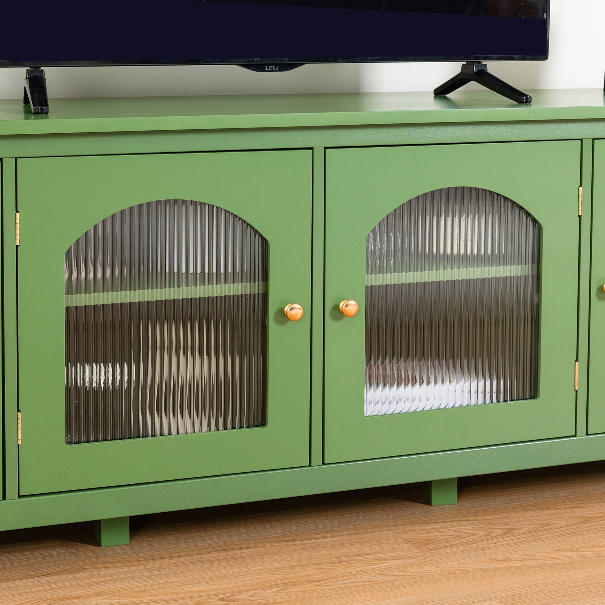 71 Inch Stylish Tv Cabinet,Entertainment Centertv Stand,Tvconsoletable, Media Console,Solidwood Frame,Changhong Glass Door,Metal Handle,Antique Green,For The Children'S Room,Bedroom Living Room Antique Green Primary Living Space 75 Inches 70 79 Inches