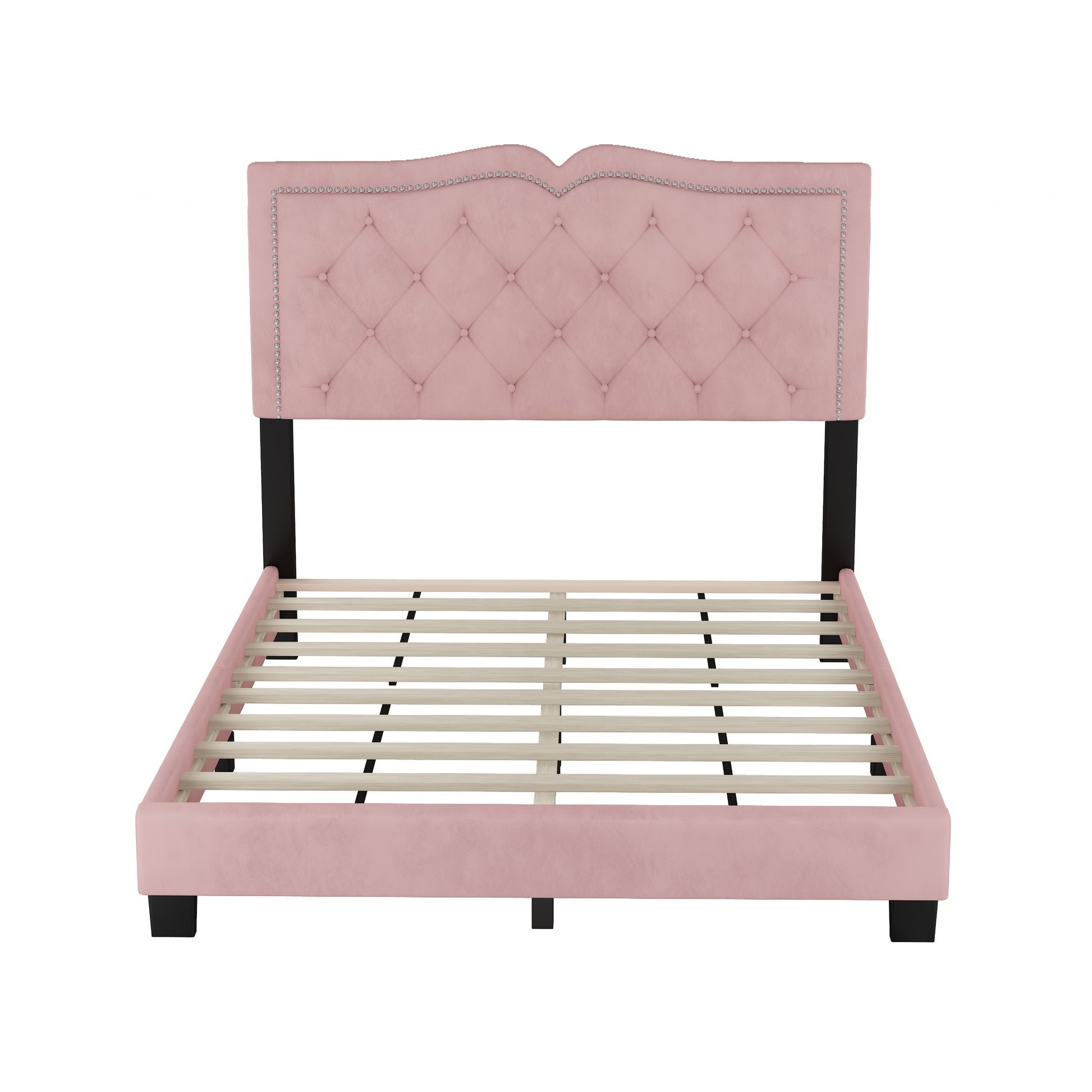 Full Size Upholstered Bed Frame With Rivet Design, Modern Velvet Platform Bed With Tufted Headboard,Pink Pink Velvet