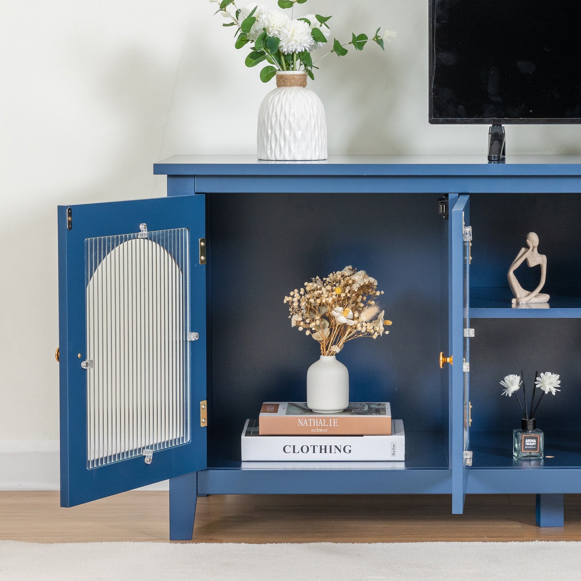 71 Inch Stylishtvcabinet Entertainment Centertv Stand,Tvconsoletable, Media Console,Solidwood Frame,Changhong Glass Door,Metal Handle,Antique Blue,For The Children'S Room,Bedroom Living Room Antique Blue Primary Living Space 70 79 Inches 70 79 Inches