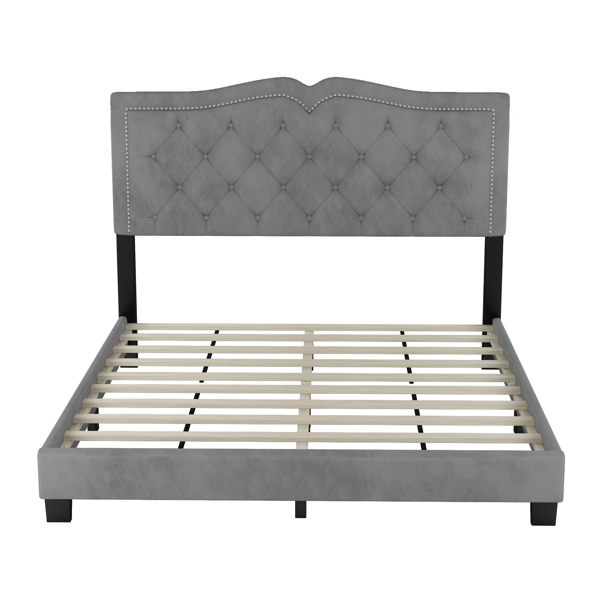 Queen Size Upholstered Bed Frame With Rivet Design, Modern Velvet Platform Bed With Tufted Headboard,Gray Gray Velvet