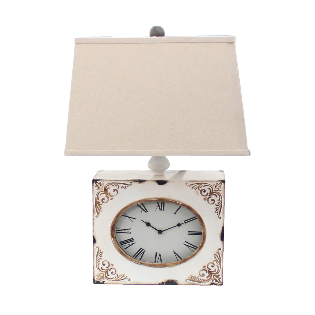 Clock Design Metal Table Lamp With Tapered Shade,White And Beige White Fabric Metal