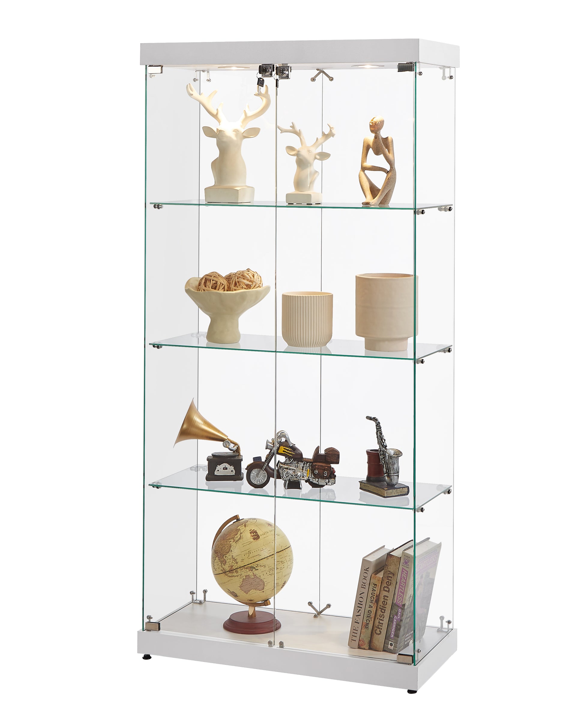 4 Tier Glass Display Cabinet, Double Door Glass Cabinet, Four Partitions, Two Locks, Floor Standing Storage Cabinet For Living Room, Bedroom, Showroom And Office, White, 31.5"L X 14.2"W X 66.3"H White Glass