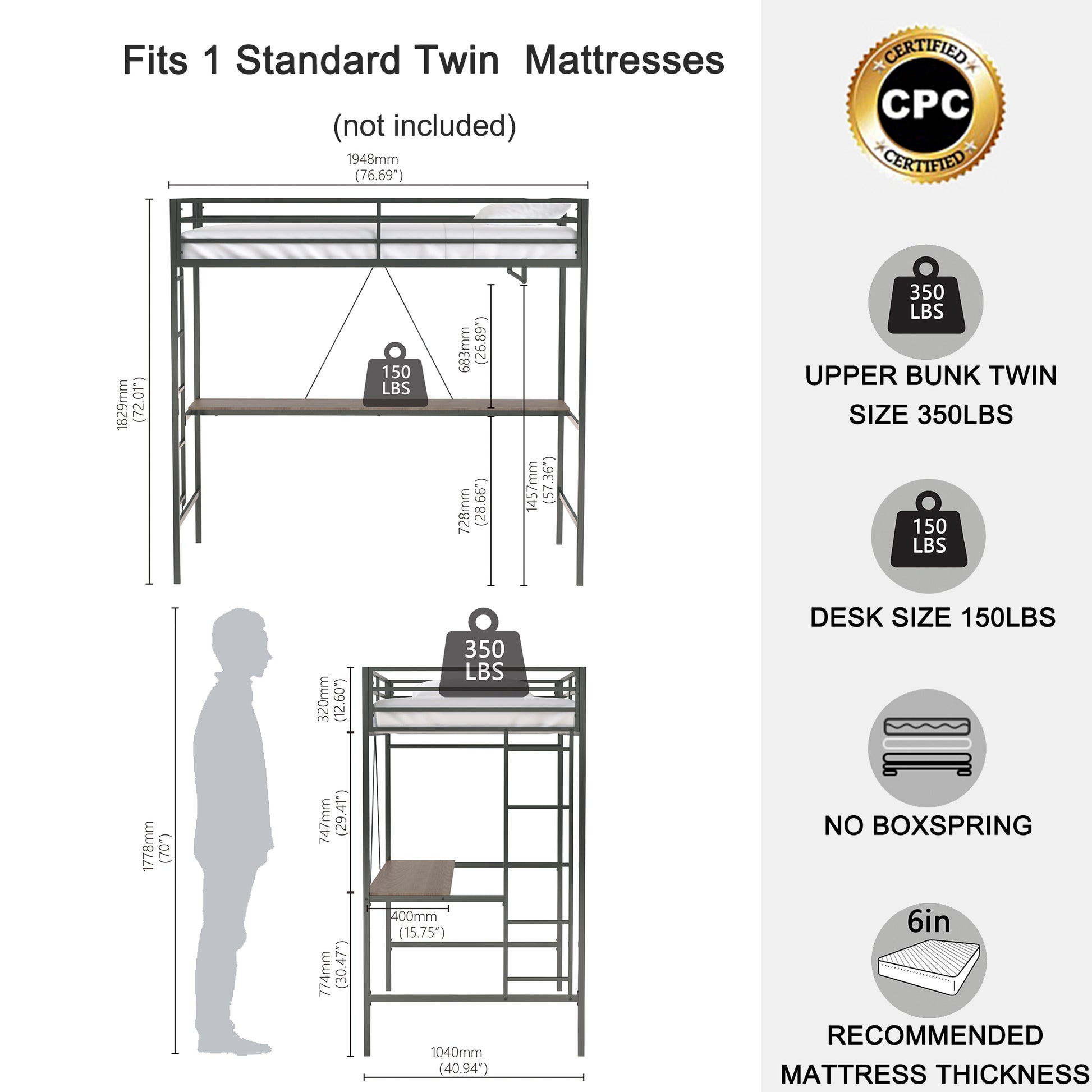 Adam Twin Loft Bunk Black With Cinnamon Wood Desk And Closet Rod Box Spring Not Required Twin Black Metal Bedroom Bunk Metal & Wood