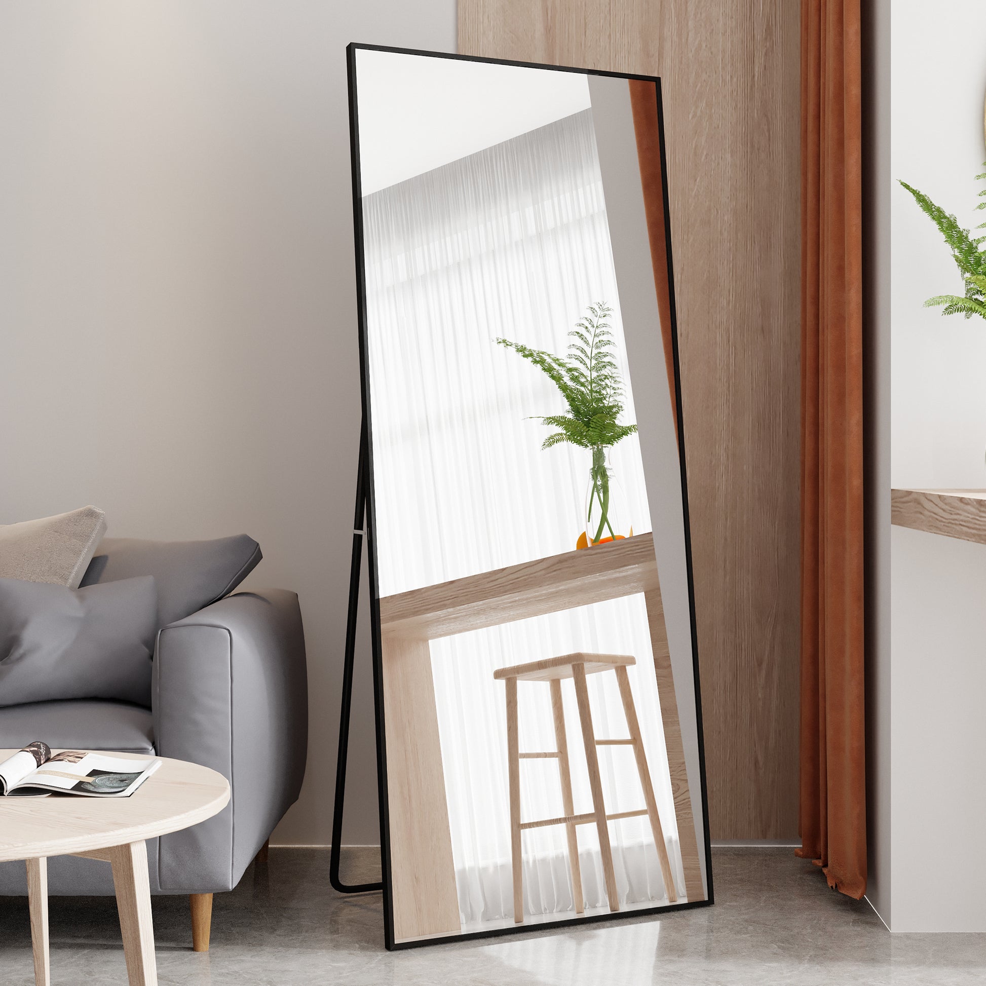 Tempered Mirror 71" X 32" Tall Full Length Mirror With Stand, Black Wall Mounting Full Body Mirror, Metal Frame Full Length Mirror For Living Room, Bedroom Black Glass