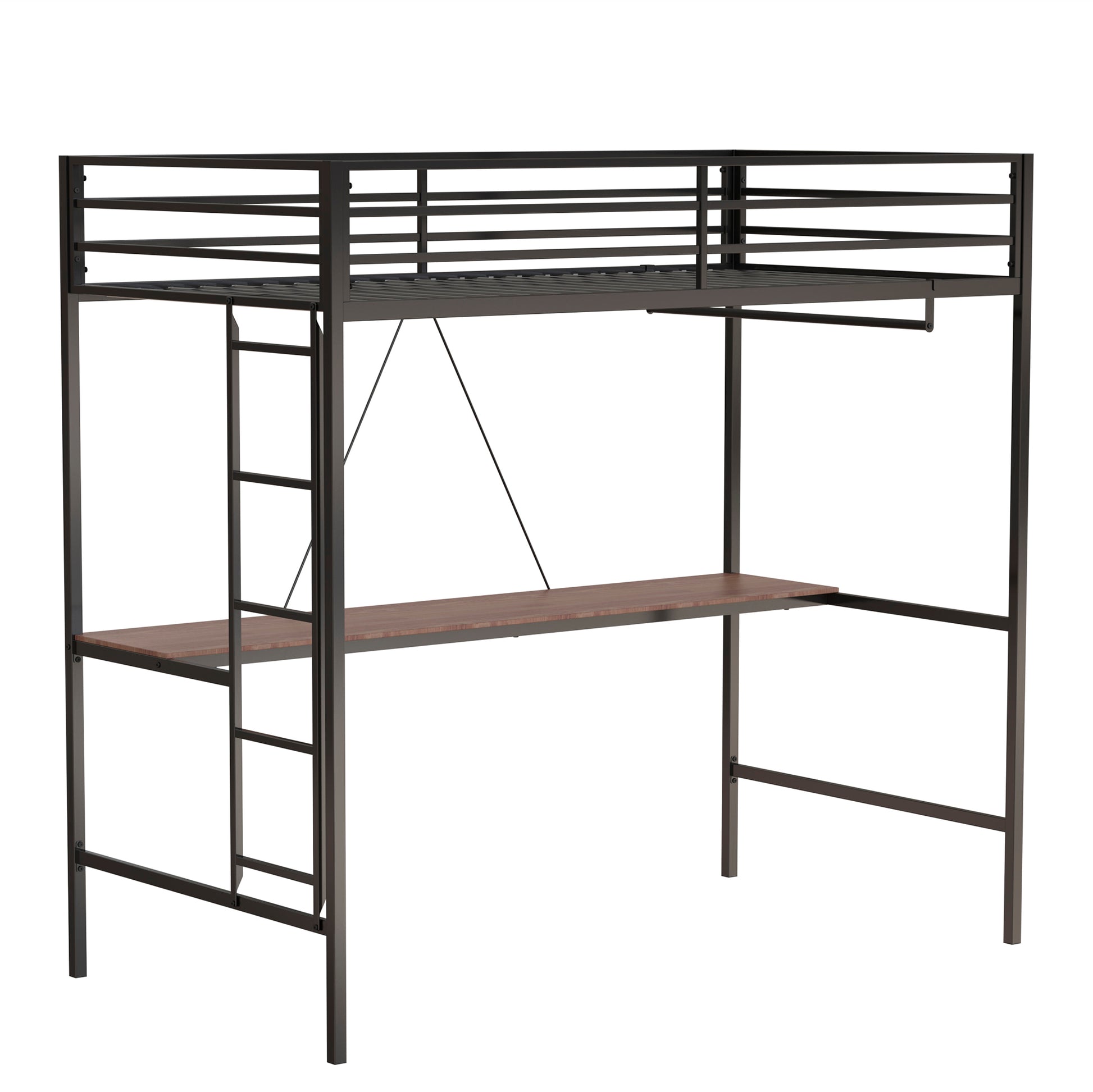 Adam Twin Loft Bunk Black With Cinnamon Wood Desk And Closet Rod Box Spring Not Required Twin Black Metal Bedroom Bunk Metal & Wood