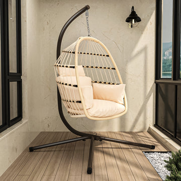 Patio Foldable Hanging Swing Chair With Stand Natural Color Yes Natural Foam Steel