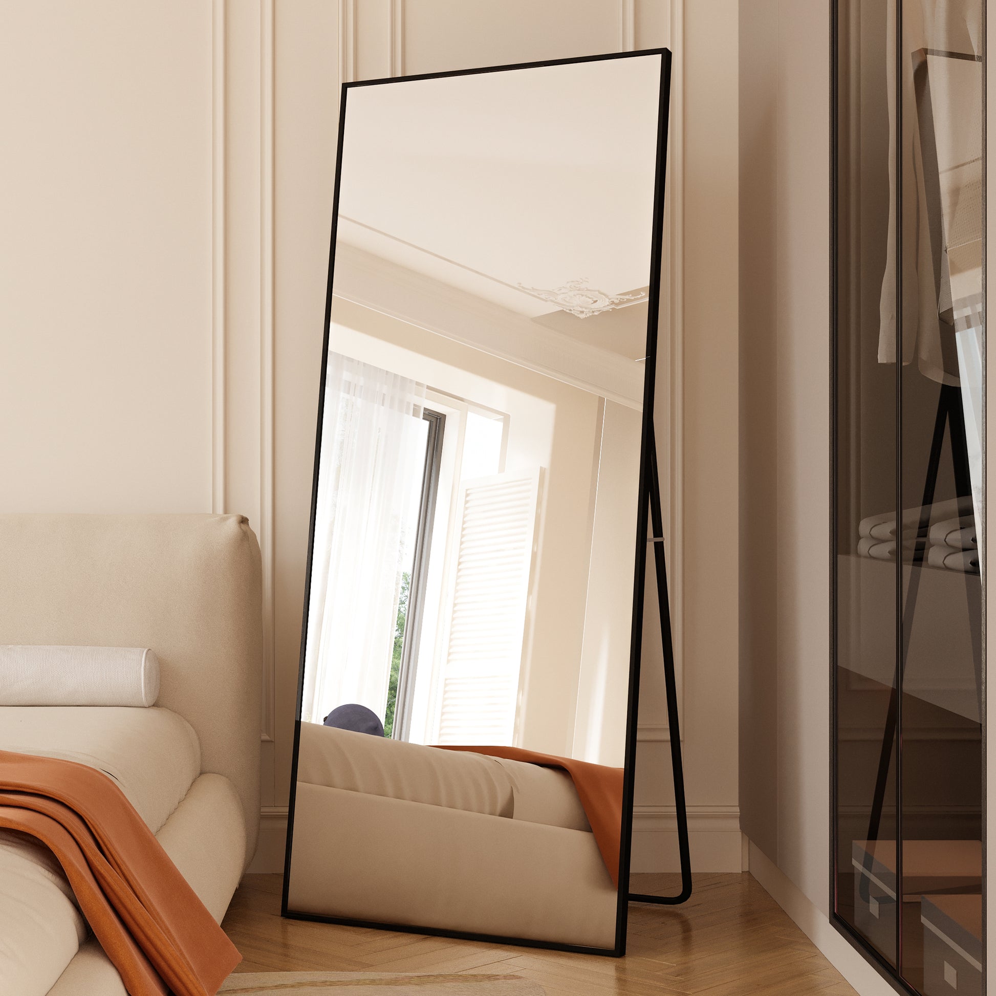 Tempered Mirror 71" X 32" Tall Full Length Mirror With Stand, Black Wall Mounting Full Body Mirror, Metal Frame Full Length Mirror For Living Room, Bedroom Black Glass