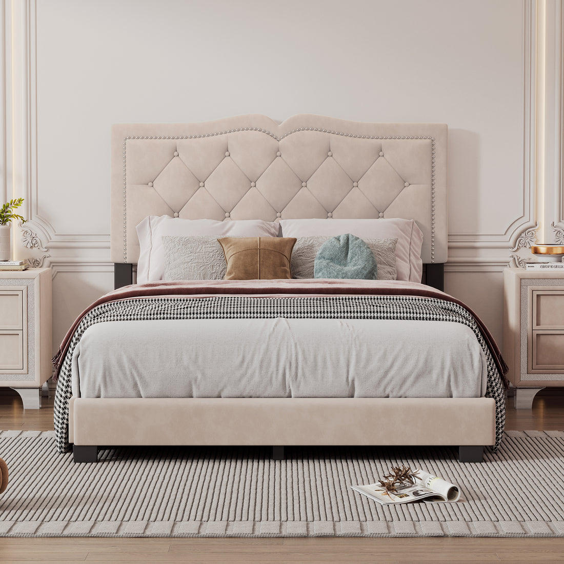 Full Size Upholstered Bed Frame With Rivet Design, Modern Velvet Platform Bed With Tufted Headboard,Beige Beige Velvet