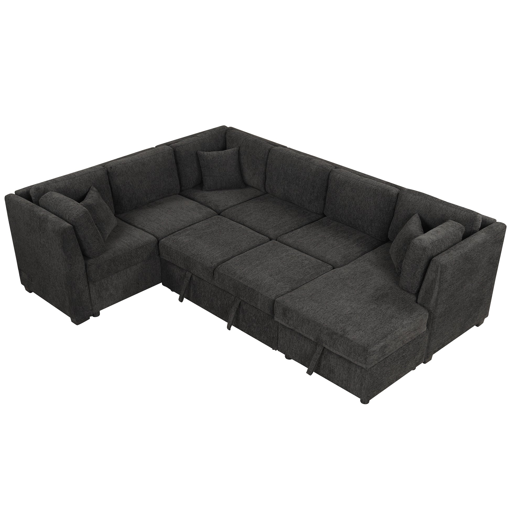 108.6" U Shaped Sectional Sofa Pull Out Sofa Bed With Two Usb Ports, Two Power Sockets, Three Back Pillows And A Storage Chaise For Living Room, Black Black Foam Chenille 5 Seat