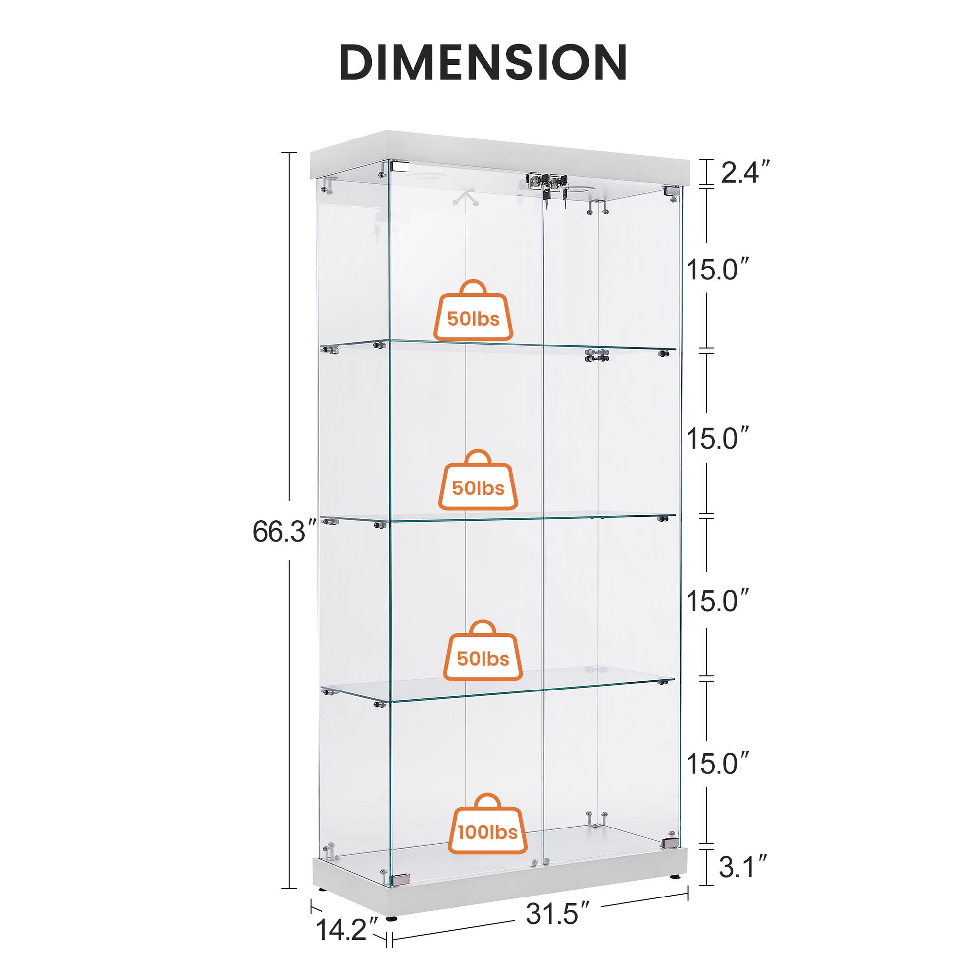 4 Tier Glass Display Cabinet, Double Door Glass Cabinet, Four Partitions, Two Locks, Floor Standing Storage Cabinet For Living Room, Bedroom, Showroom And Office, White, 31.5"L X 14.2"W X 66.3"H White Glass