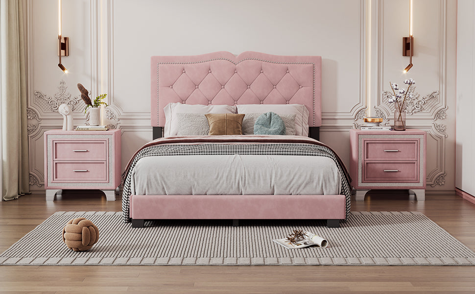 Full Size Upholstered Bed Frame With Rivet Design, Modern Velvet Platform Bed With Tufted Headboard,Pink Pink Velvet