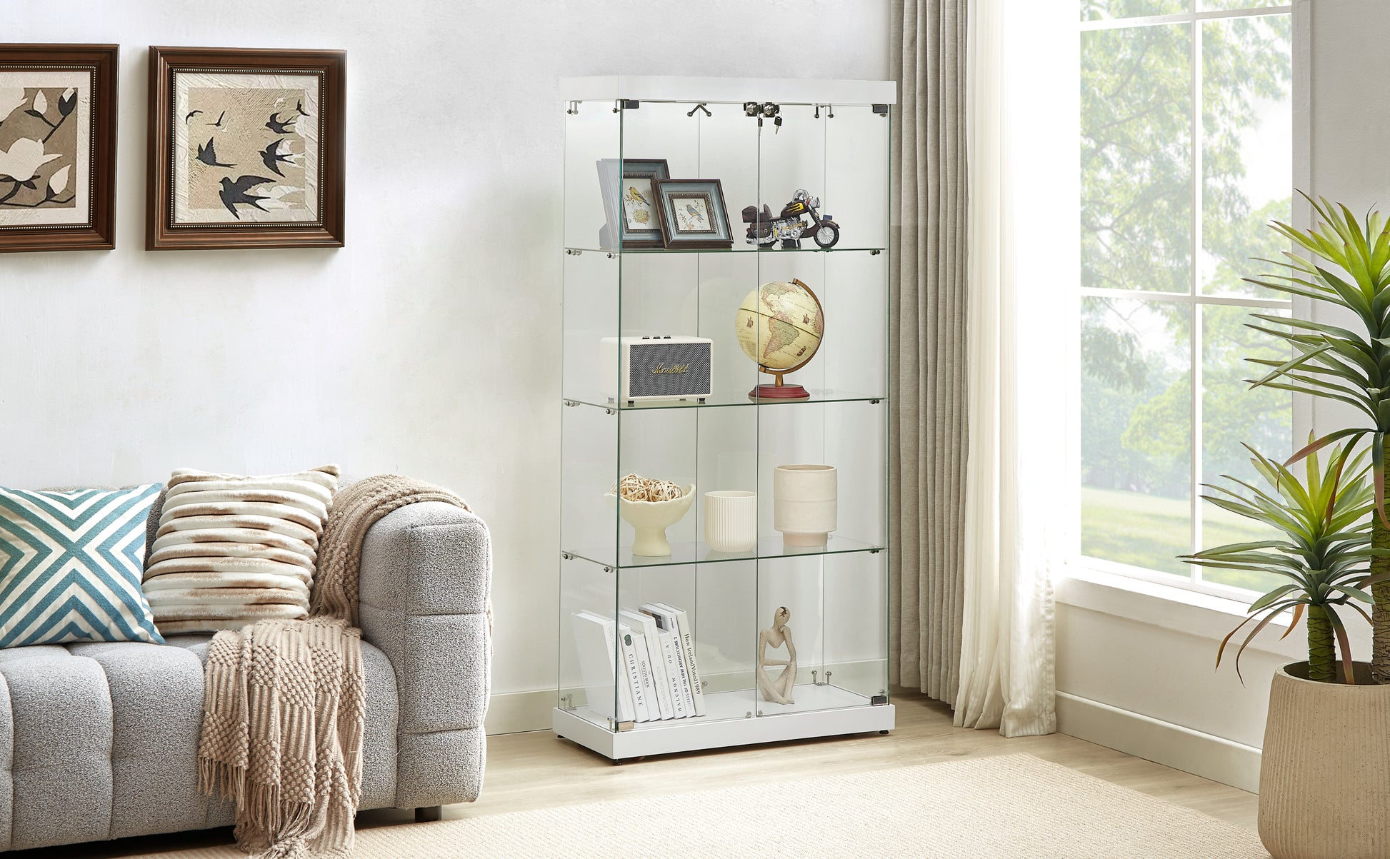 4 Tier Glass Display Cabinet, Double Door Glass Cabinet, Four Partitions, Two Locks, Floor Standing Storage Cabinet For Living Room, Bedroom, Showroom And Office, White, 31.5"L X 14.2"W X 66.3"H White Glass