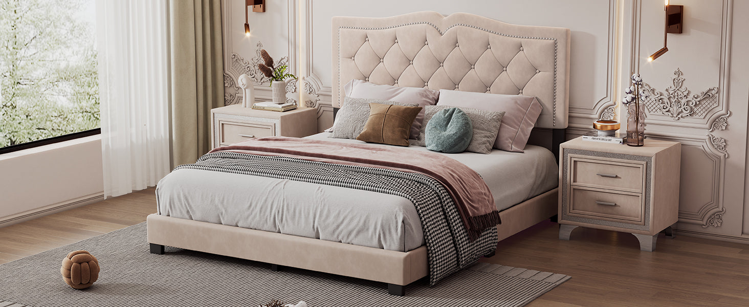 Queen Size Upholstered Bed Frame With Rivet Design, Modern Velvet Platform Bed With Tufted Headboard,Beige Beige Velvet