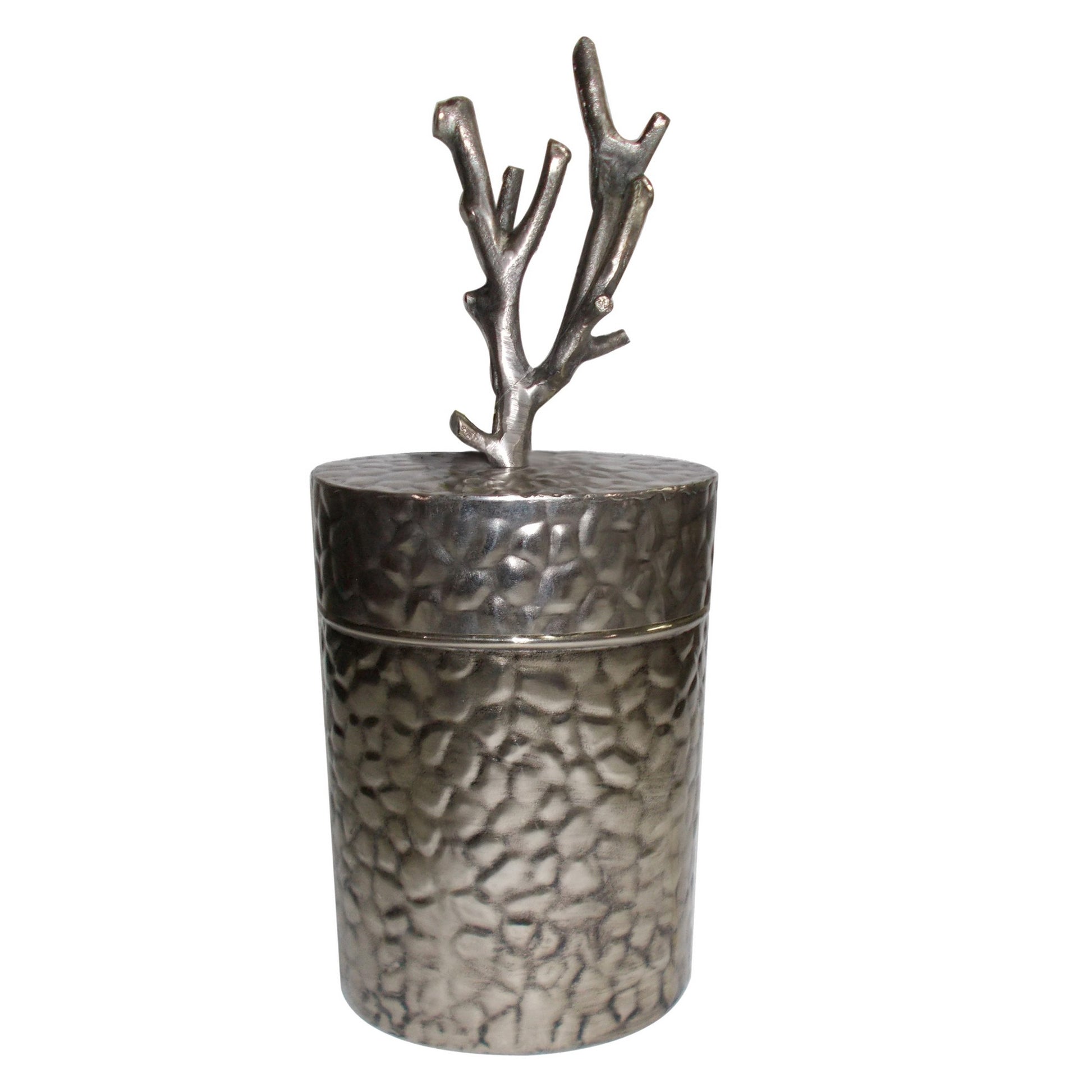 21 Inch Lidded Metal Jar, Textured Body, Branched Finial, Silver Silver Metal