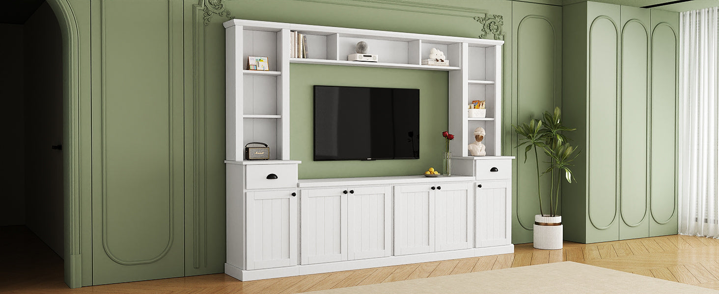 Minimalist Entertainment Wall Unit Set With Bridge For Tvs Up To 75'', Large Storage Space Tv Stand With Adjustable Shelves, Modernist Large Media Console For Living Room, White White Primary Living Space 70 79 Inches 70 79 Inches 75 Inches Particle