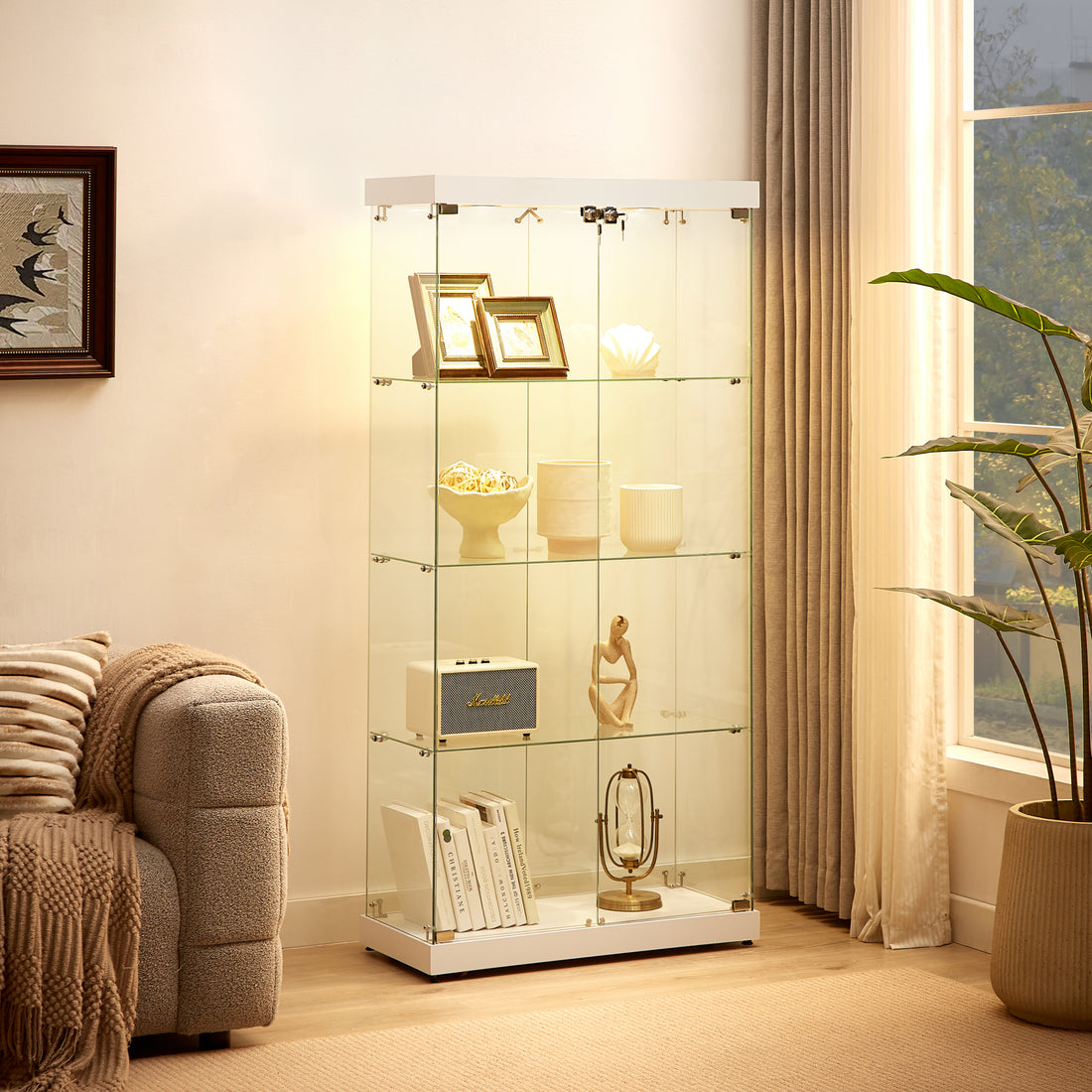 4 Tier Glass Display Cabinet, Double Door Glass Cabinet, Four Partitions, Two Locks, Floor Standing Storage Cabinet For Living Room, Bedroom, Showroom And Office, White, 31.5"L X 14.2"W X 66.3"H White Glass