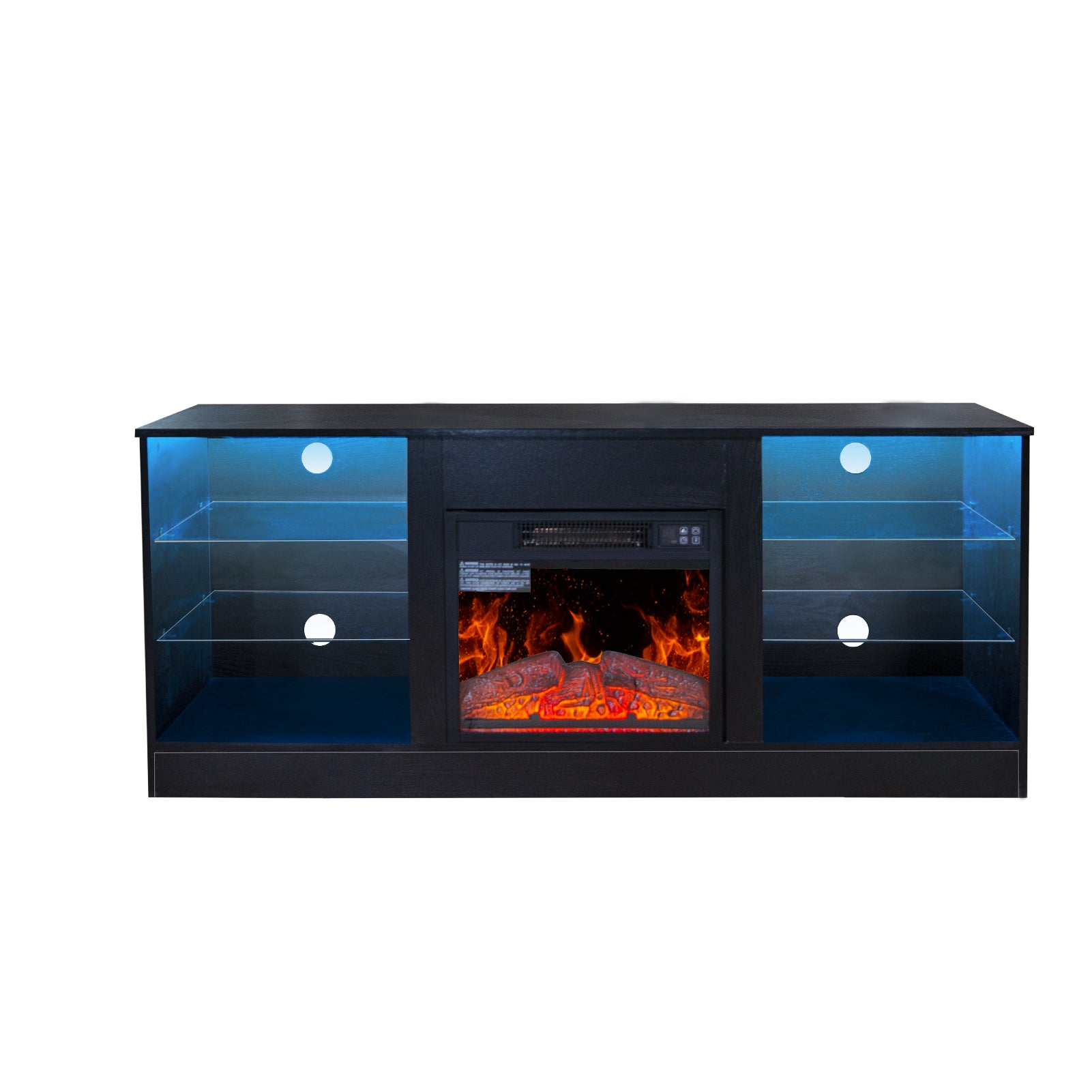 Fireplace Tv Stand With 18 Inch Electric Fireplace Heater,Modern Entertainment Center For Tvs Up To 62 Inch With Adjustable Glass Shelves And Storage Cabinets Black Black Mdf