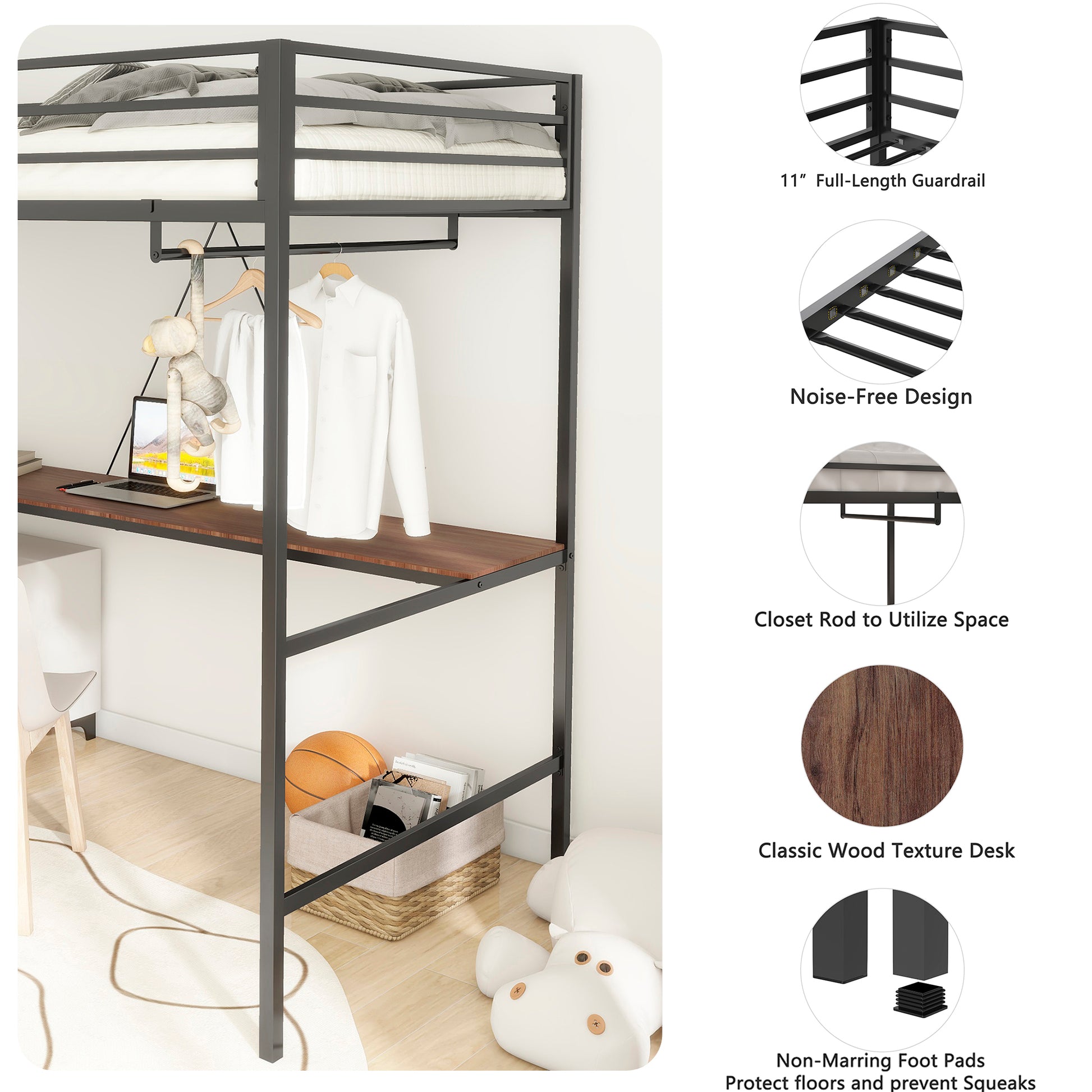 Adam Twin Loft Bunk Black With Cinnamon Wood Desk And Closet Rod Box Spring Not Required Twin Black Metal Bedroom Bunk Metal & Wood