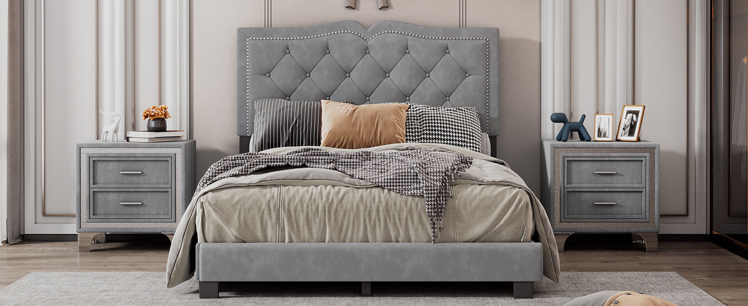 Full Size Upholstered Bed Frame With Rivet Design, Modern Velvet Platform Bed With Tufted Headboard,Gray Gray Velvet