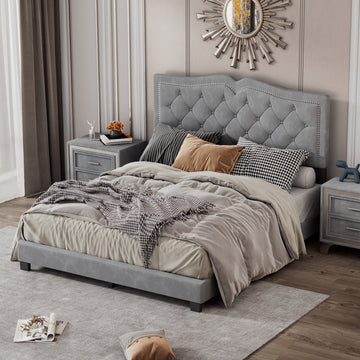 Queen Size Upholstered Bed Frame With Rivet Design, Modern Velvet Platform Bed With Tufted Headboard,Gray Gray Velvet