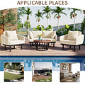 Luxury Modern 4 Piece Outdoor Iron Frame Conversation Set, Patio Chat Set With Acacia Wood Round Coffee Table For Backyard, Deck, Poolside, Indoor Use, Loveseat Arm Chairs, Beige Yes Sectional Beige Weather Resistant Frame Water Resistant Cushion Garden