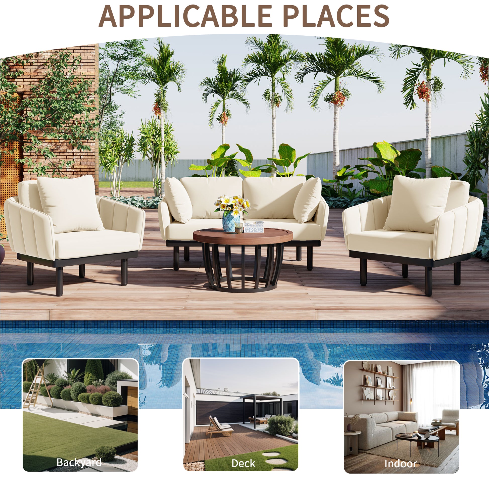 Luxury Modern 4 Piece Outdoor Iron Frame Conversation Set, Patio Chat Set With Acacia Wood Round Coffee Table For Backyard, Deck, Poolside, Indoor Use, Loveseat Arm Chairs, Beige Yes Sectional Beige Weather Resistant Frame Water Resistant Cushion Garden