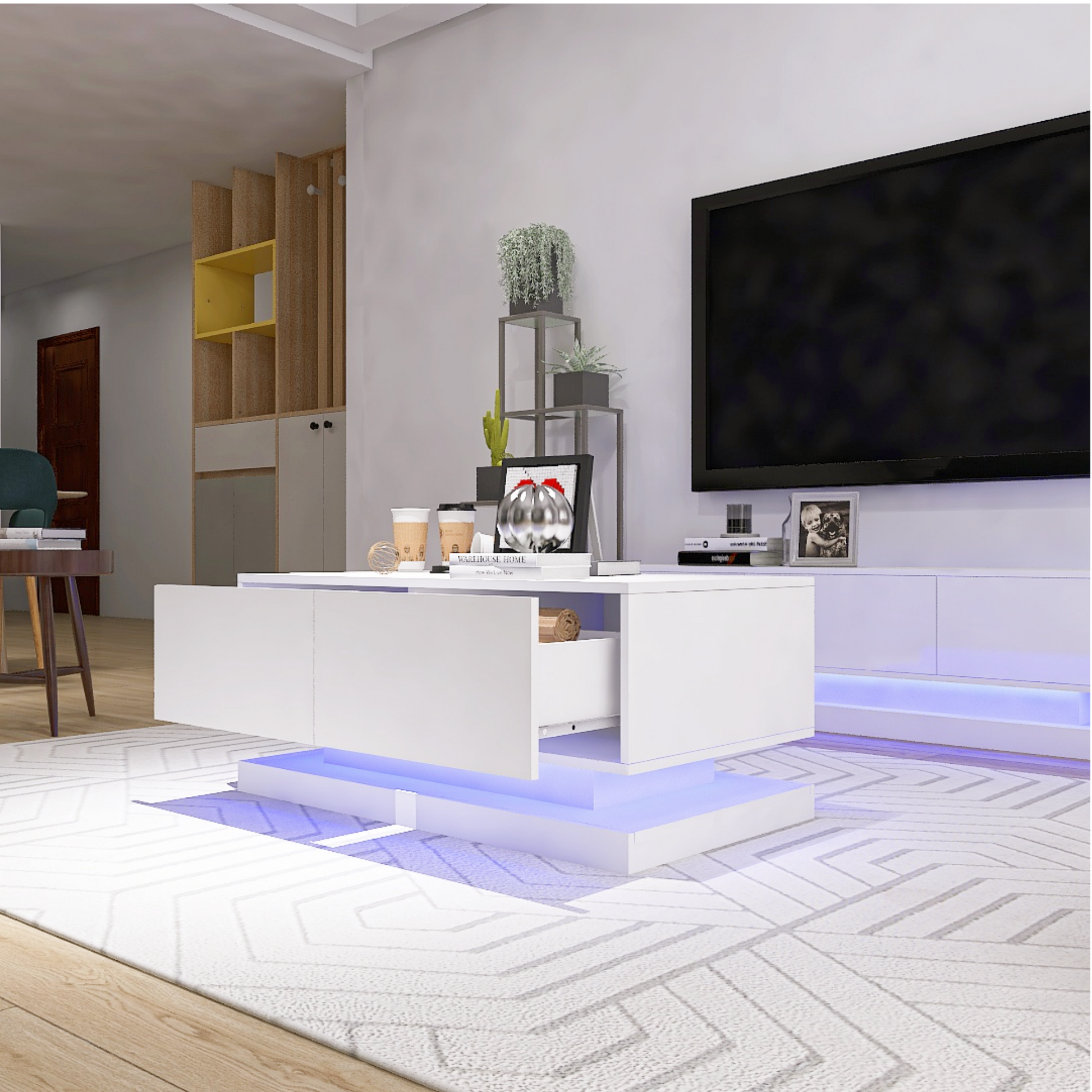High Glossy Coffee Table With 2 Drawers Have Rgb Led Light With Buletooth Control White White Primary Living Space Rosewood Square Drawers Coffee & End Tables Lacquered Particle Board