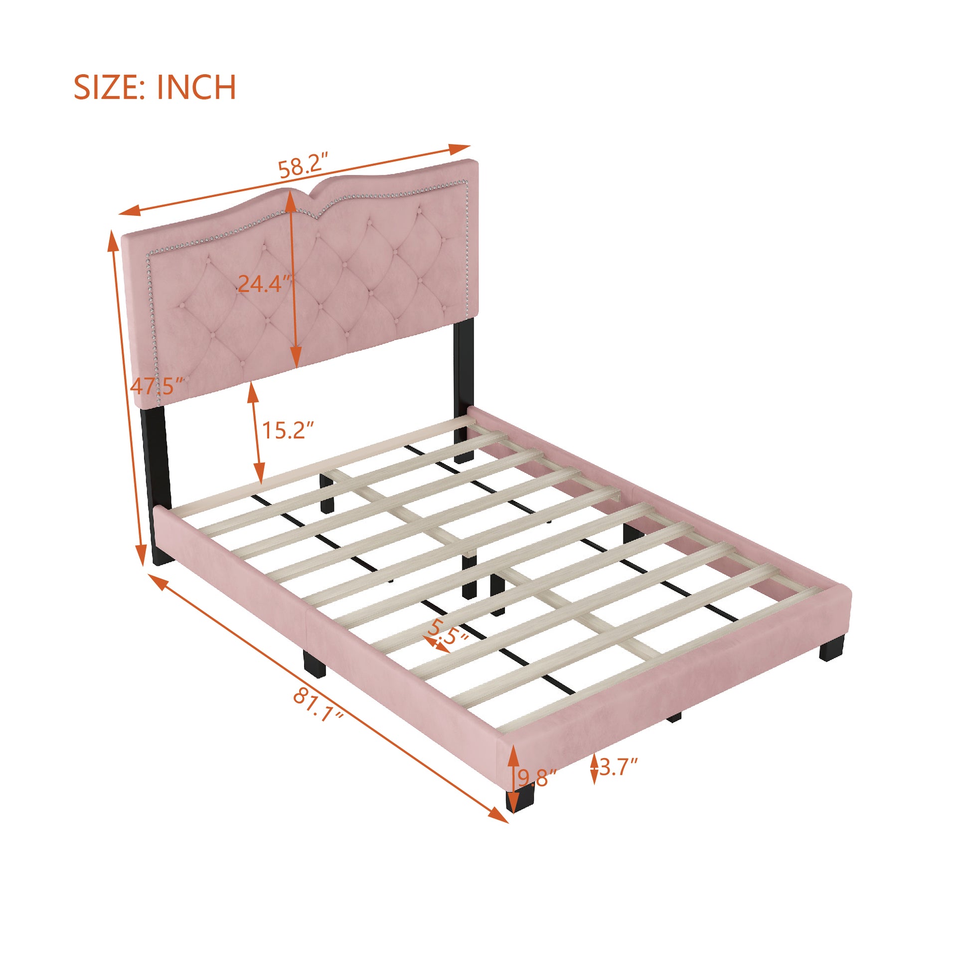 Full Size Upholstered Bed Frame With Rivet Design, Modern Velvet Platform Bed With Tufted Headboard,Pink Pink Velvet