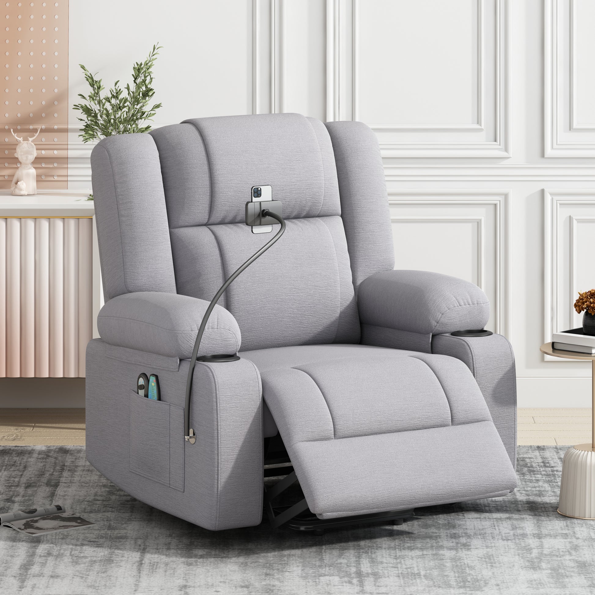 Power Lift Recliner Chair Electric Recliner For Elderly Recliner Chair With Massage And Heating Functions, Remote, Phone Holder Side Pockets And Cup Holders For Living Room, Grey Grey Foam Chenille