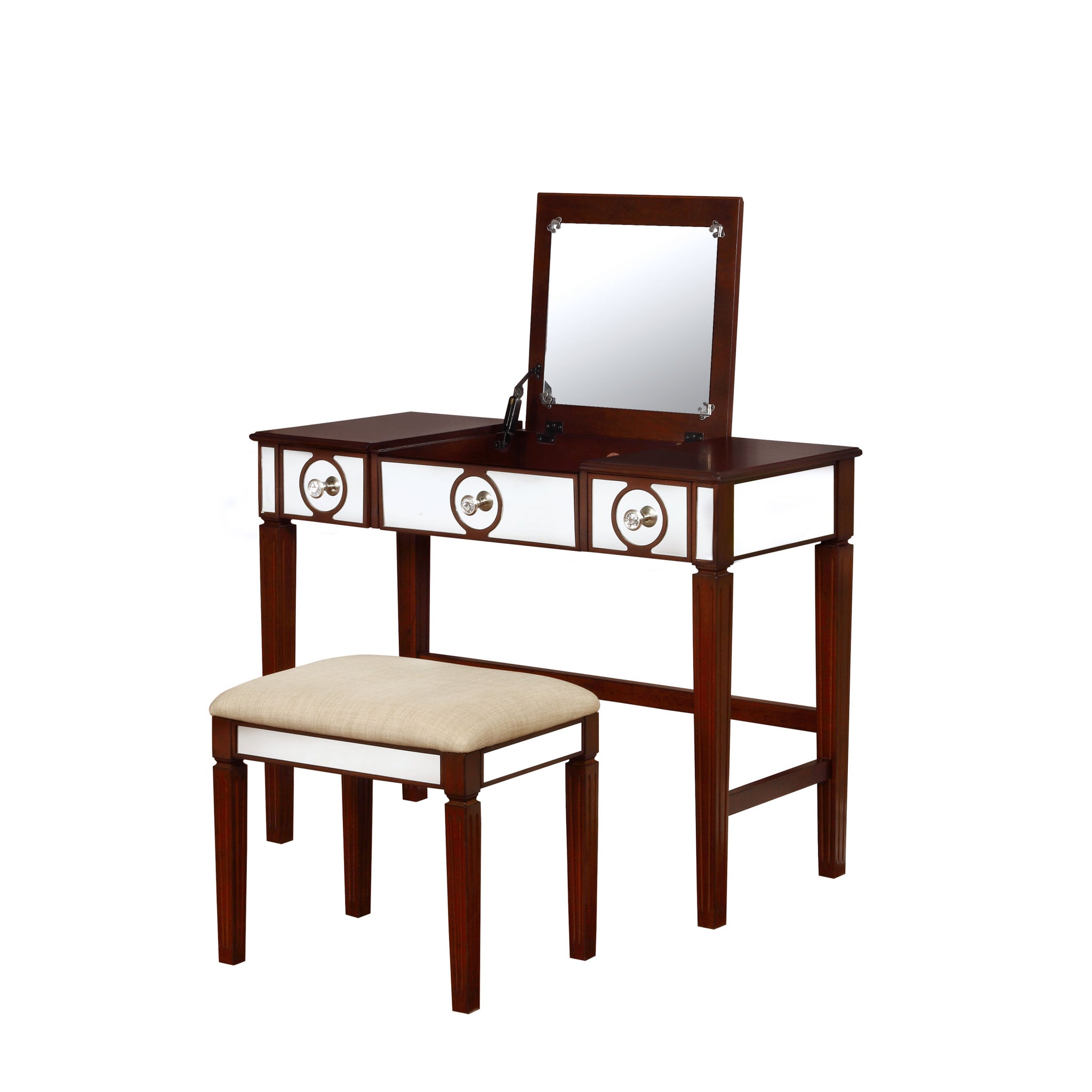 40 Inch 2 Piece Vanity Desk Set, Flip Top Mirror, Padded Stool, Cherry Brown Brown Metal Synthetic Wood Mirror