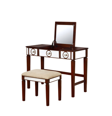 40 Inch 2 Piece Vanity Desk Set, Flip Top Mirror, Padded Stool, Cherry Brown Brown Metal Synthetic Wood Mirror