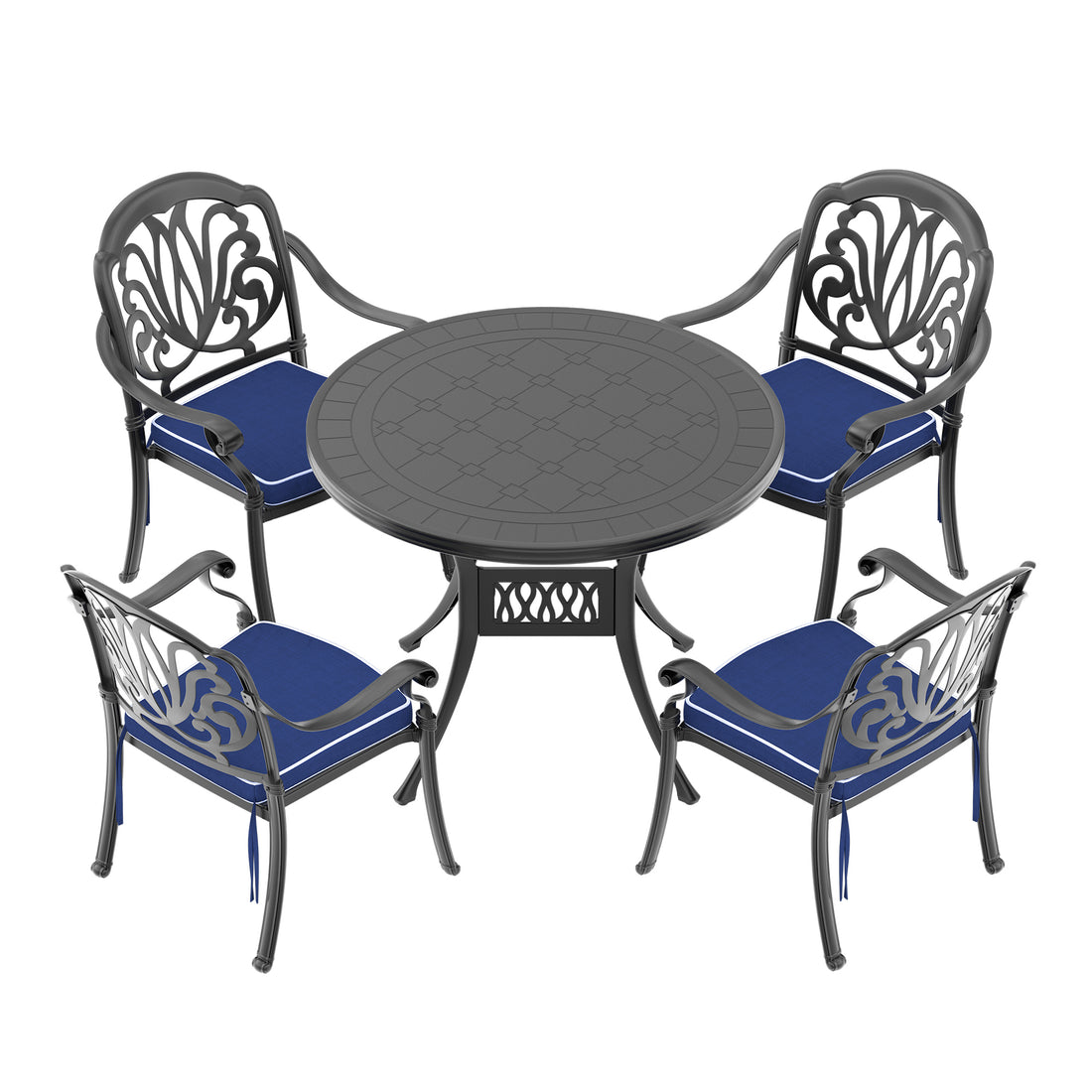 Cushions In Random Colors 5 Piece Set Of Cast Aluminum Patio Furniture With Cushions Yes Dining Set Black Seats 4 Rust Resistant Frame Water Resistant Cushion Garden & Outdoor Complete Patio Sets Aluminium