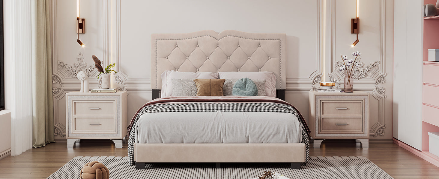 Full Size Upholstered Bed Frame With Rivet Design, Modern Velvet Platform Bed With Tufted Headboard,Beige Beige Velvet