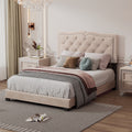 Full Size Upholstered Bed Frame With Rivet Design, Modern Velvet Platform Bed With Tufted Headboard,Beige Beige Velvet