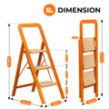 3 Step Ladder Folding Step Stool For Adults With Wide Anti Slip Pedal, Aluminium Lightweight Foldable Step Ladders For Home Kitchen Office, 580 Lbs Capacity Orange Multi Aluminum