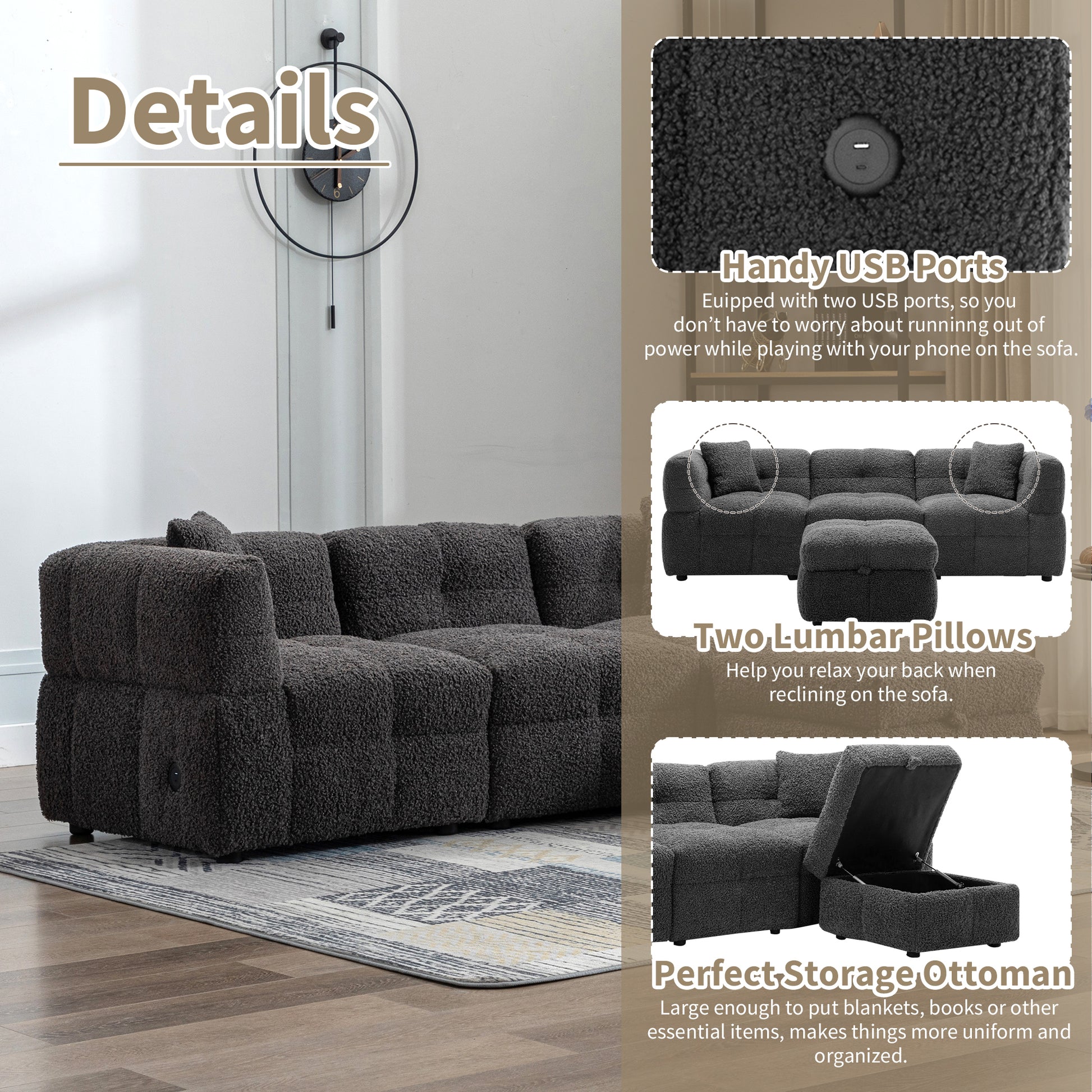 87.7" Sectional Sofa Cozy Teddy Fleece Fabric Sectional Sofa Couch With Two Usb Ports A Movable Storage Ottoman And Two Lumbar Pillows For Living Room, Gray Gray Foam Teddy 4 Seat