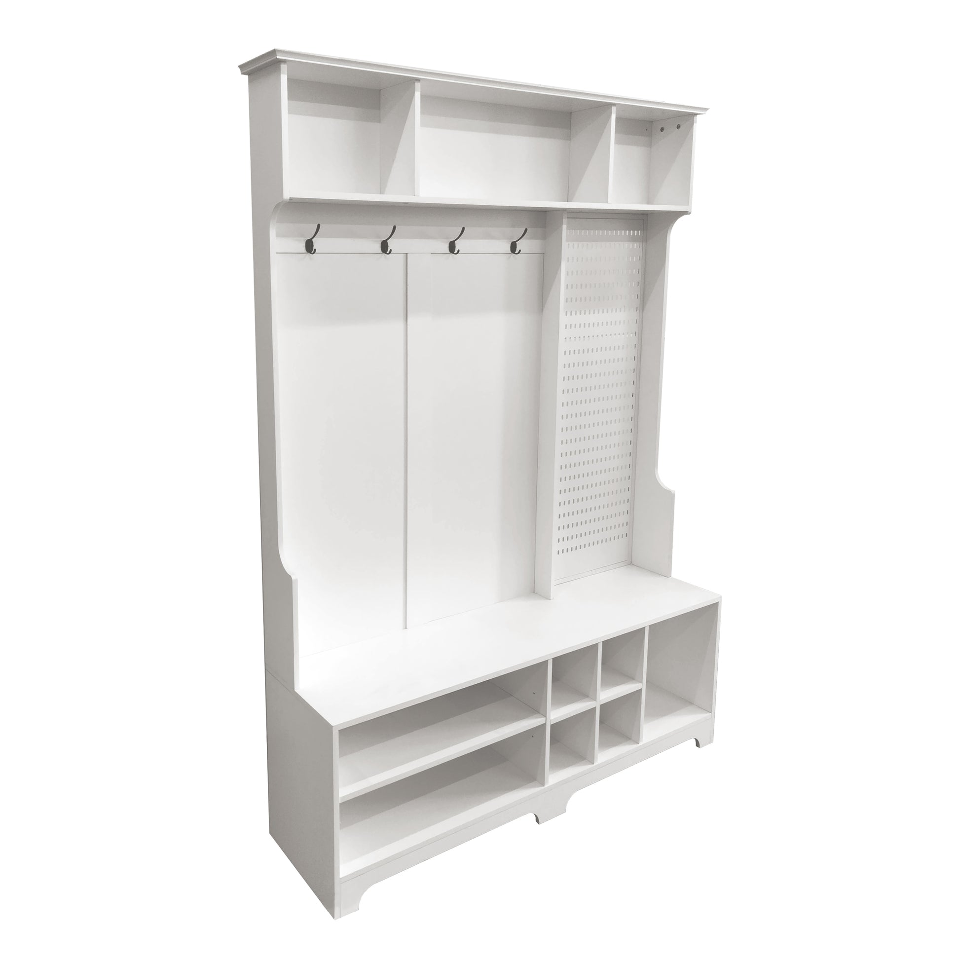 Hall Tree With Shoe Bench, Coat Rack ,Shoe Storage ,Storage Shelves And Pegboard, For Hallways, Halls And Bedrooms, White White Mdf Metal