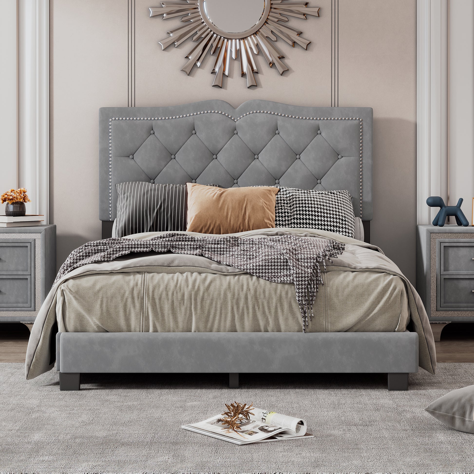 Full Size Upholstered Bed Frame With Rivet Design, Modern Velvet Platform Bed With Tufted Headboard,Gray Gray Velvet