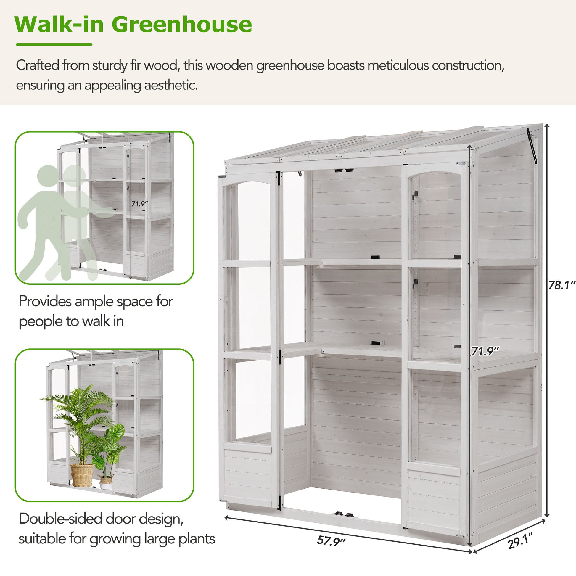 78 Inch Wooden Greenhouse Cold Frame With 4 Independent Skylights And 2 Folding Middle Shelves, Walk In Outdoor Greenhouse, White White Seats 2 Garden & Outdoor Casual Wood