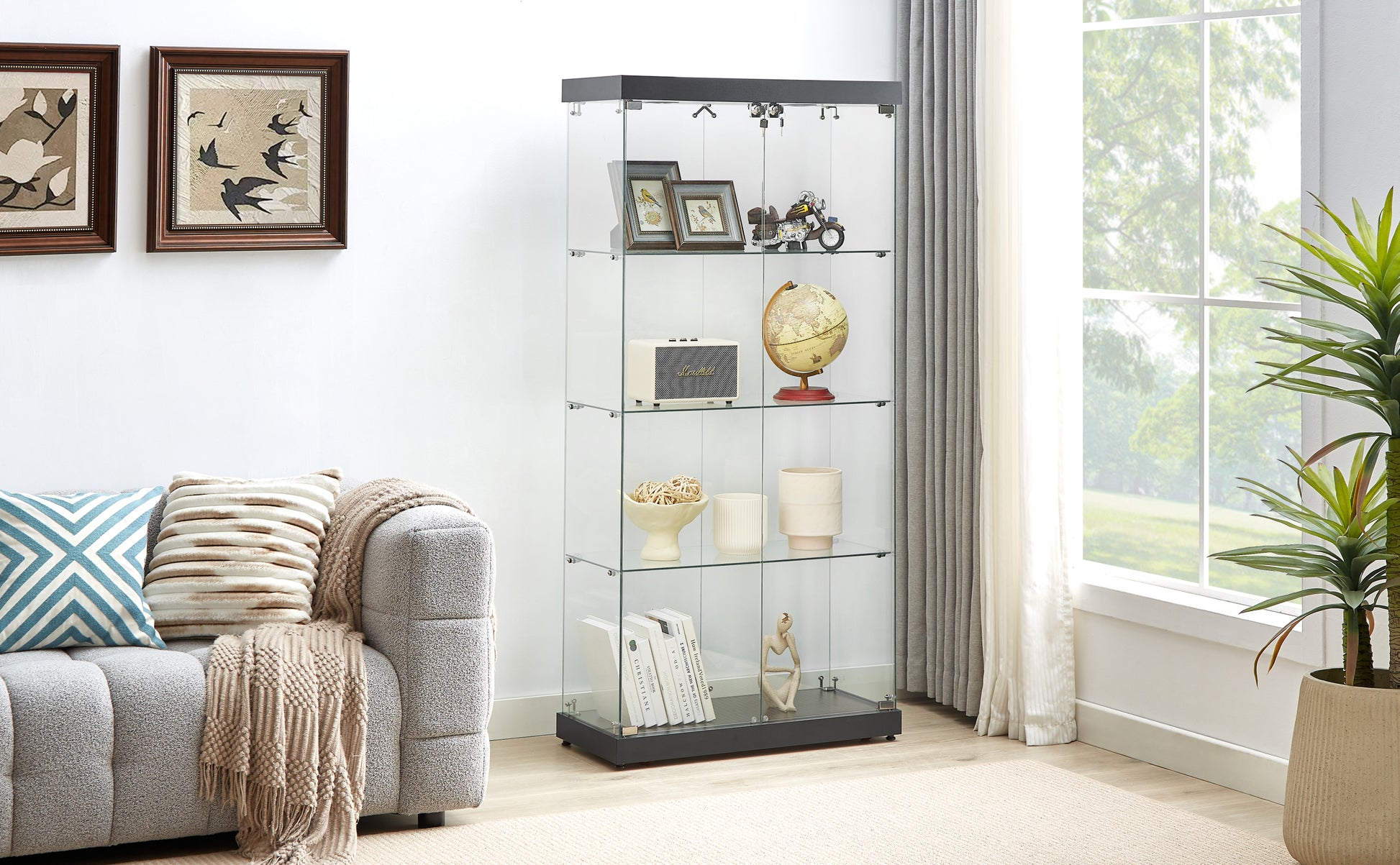 4 Tier Glass Display Cabinet, Double Door Glass Cabinet, Four Partitions, Two Locks, Floor Standing Storage Cabinet For Living Room, Bedroom, Showroom And Office, Black, 31.5"L X 14.2"W X 66.3"H Black Glass