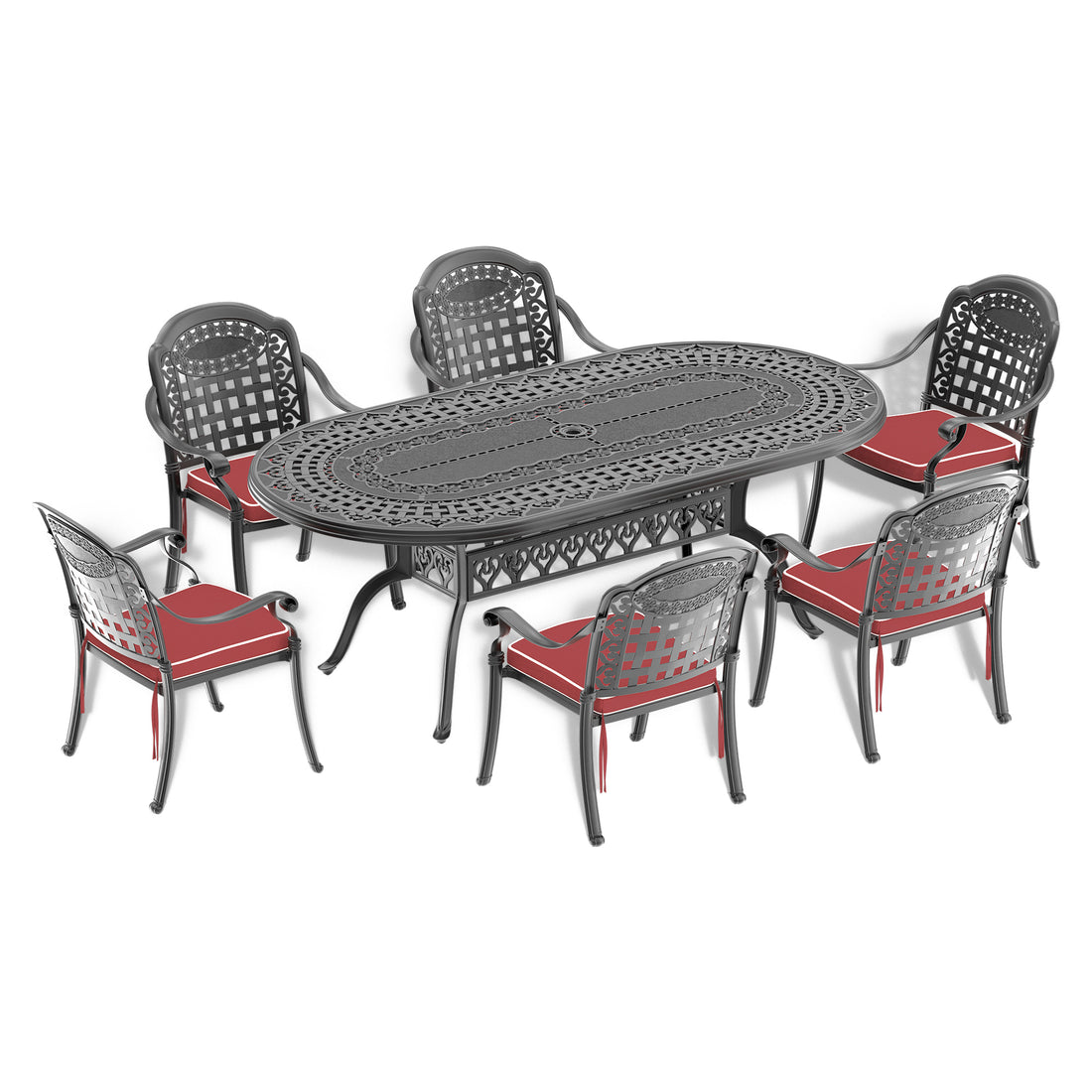 Cushions In Random Colors 7 Piece Set Of Cast Aluminum Patio Furniture With Cushions Yes Dining Set Black Seats 6 Rust Resistant Frame Water Resistant Cushion Garden & Outdoor Complete Patio Sets Aluminium