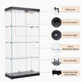 4 Tier Glass Display Cabinet, Double Door Glass Cabinet, Four Partitions, Two Locks, Floor Standing Storage Cabinet For Living Room, Bedroom, Showroom And Office, Black, 31.5