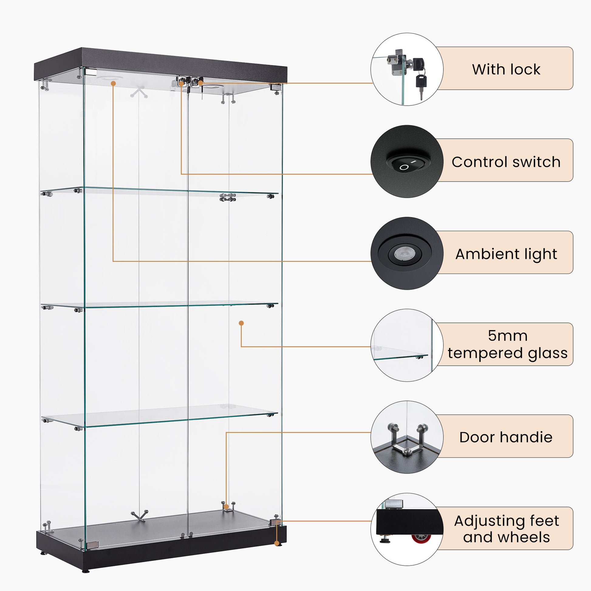 4 Tier Glass Display Cabinet, Double Door Glass Cabinet, Four Partitions, Two Locks, Floor Standing Storage Cabinet For Living Room, Bedroom, Showroom And Office, Black, 31.5"L X 14.2"W X 66.3"H Black Glass