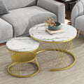 27.5'' & 17.7'' Nesting Coffee Table With Marble Grain Table Top, Golden Iron Frame Round Coffee Table, Set Of 2, For Living Room, Balcony, White White Gold Primary Living Space Mdf Iron