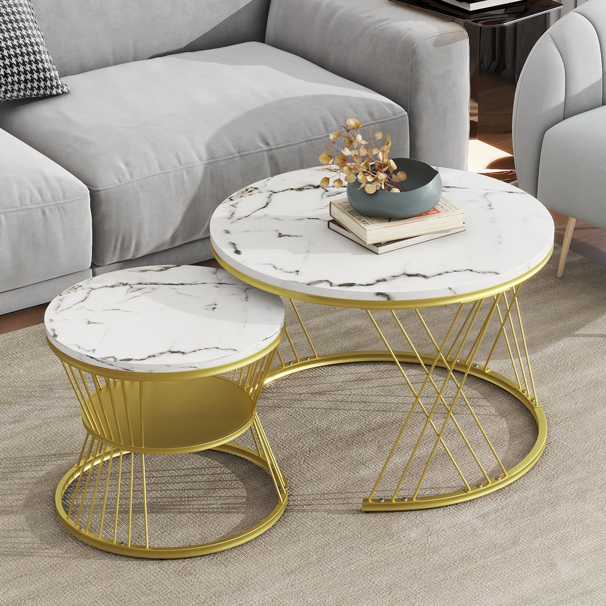 27.5'' & 17.7'' Nesting Coffee Table With Marble Grain Table Top, Golden Iron Frame Round Coffee Table, Set Of 2, For Living Room, Balcony, White White Gold Primary Living Space Mdf Iron