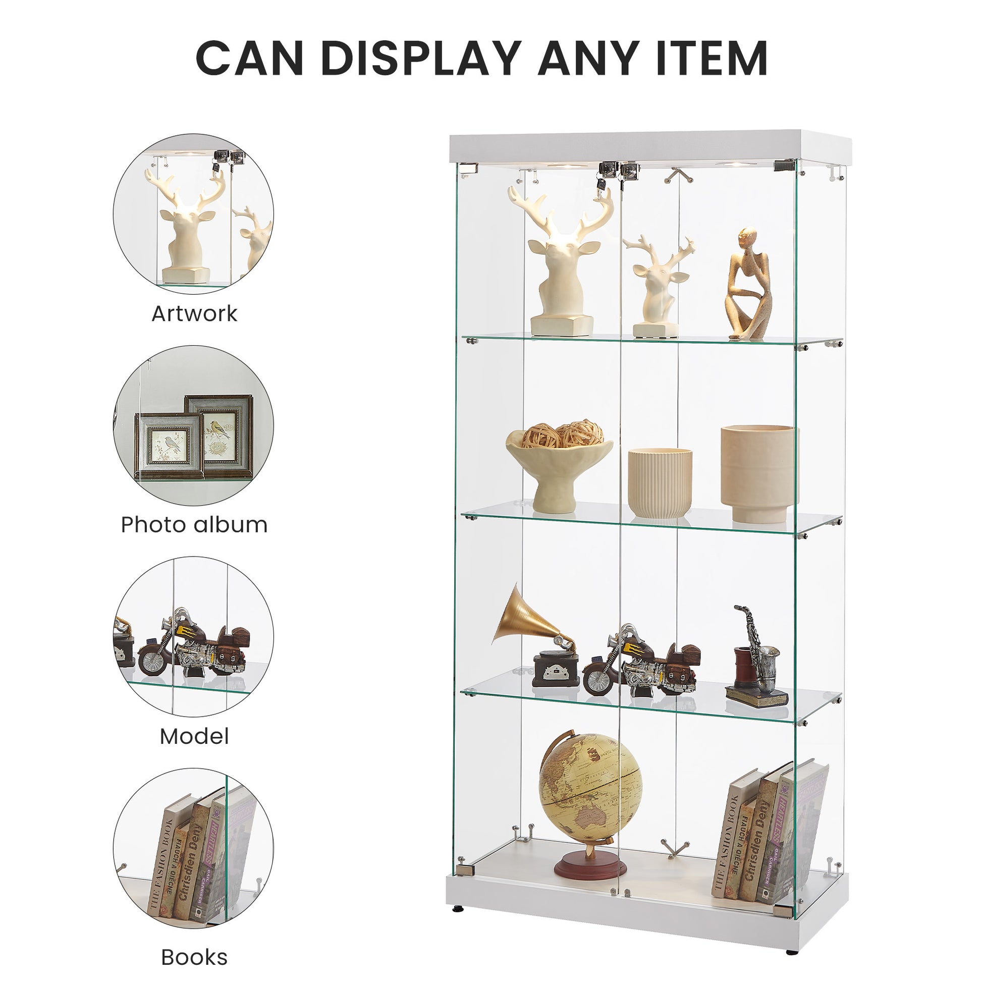 4 Tier Glass Display Cabinet, Double Door Glass Cabinet, Four Partitions, Two Locks, Floor Standing Storage Cabinet For Living Room, Bedroom, Showroom And Office, White, 31.5"L X 14.2"W X 66.3"H White Glass